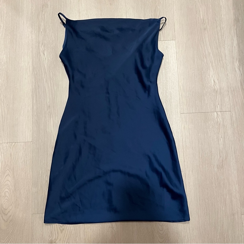 Urban Outfitters Navy Blue Satin Cowl Neck Mini Dress - Picture 2 of 4